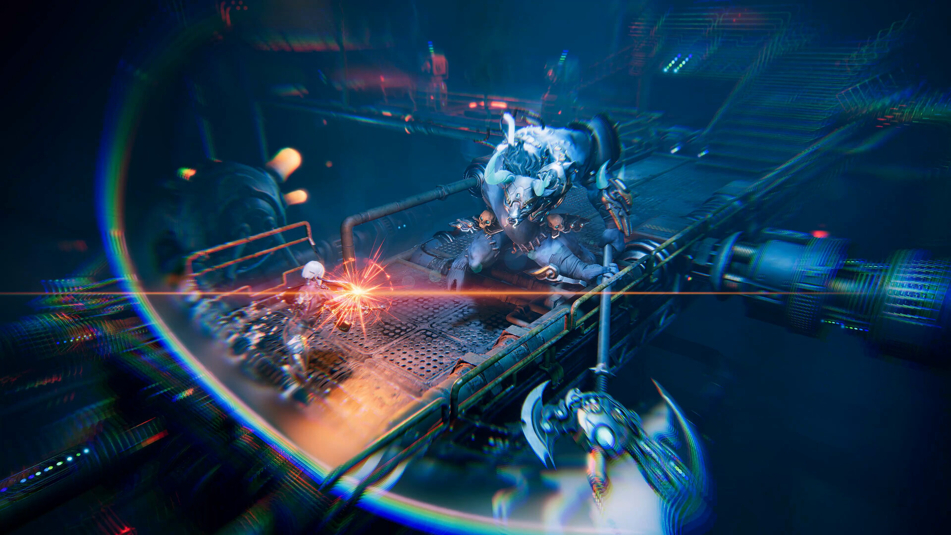 ReBlade screenshot of the heroine fighting a large mechanical beast on a neon platform.