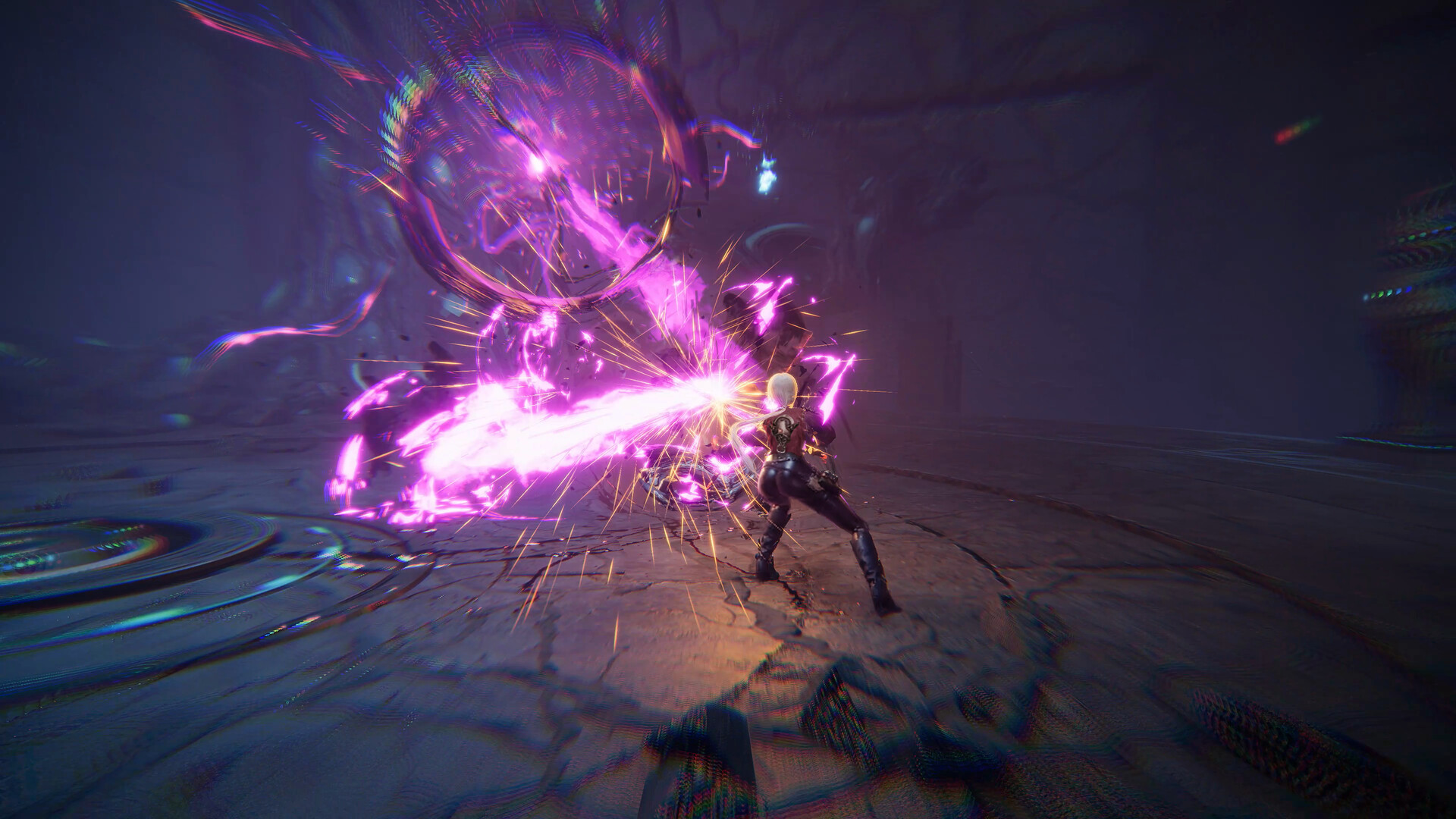 ReBlade screenshot of the heroine slashing with a glowing pink blade.