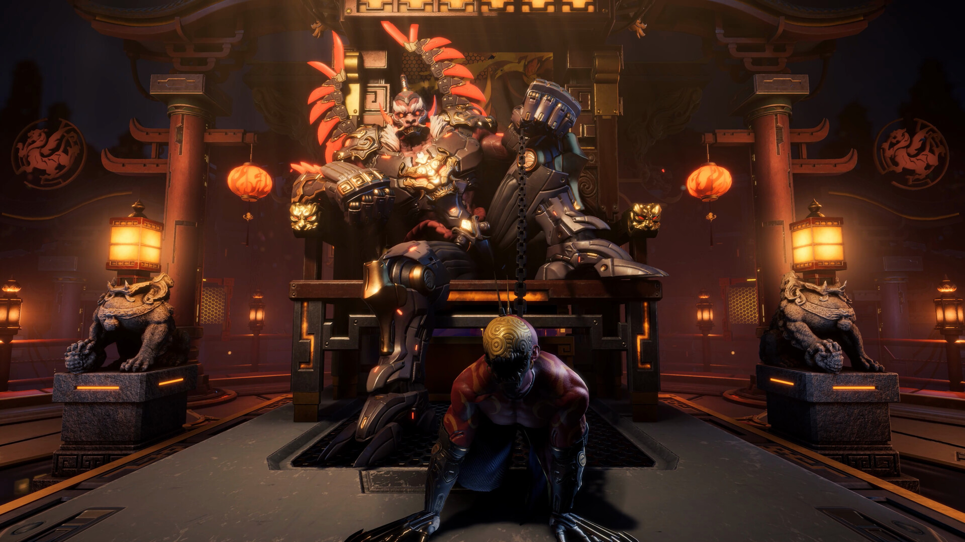 ReBlade screenshot of a figure kneeling before an armored lord on a throne flanked by lanterns.