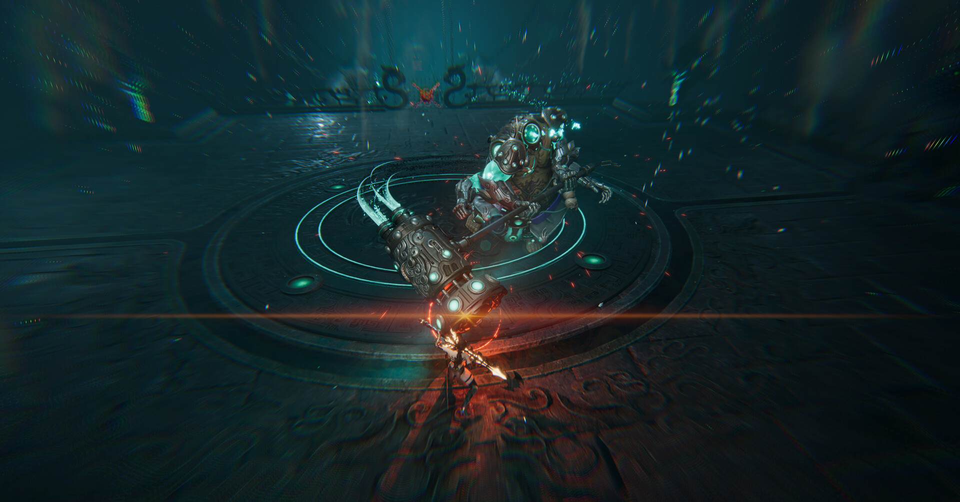 ReBlade screenshot of a fight on a glowing circular arena floor.